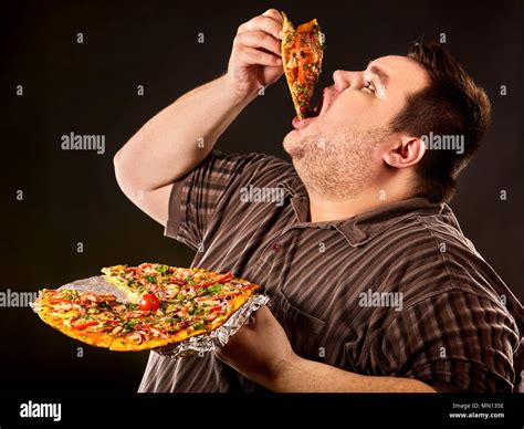 Fat Man Eating Fast Food Slice Pizza Breakfast For Overweight Person Stock Photo Alamy