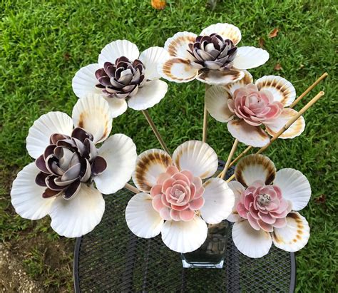 3 Stems Handmade Seashell Daisy Flowers Etsy Shell Flowers