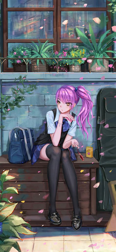 1125x2436 Cute Anime School Girl Pink Hairs Sitting On Bench 8k Iphone