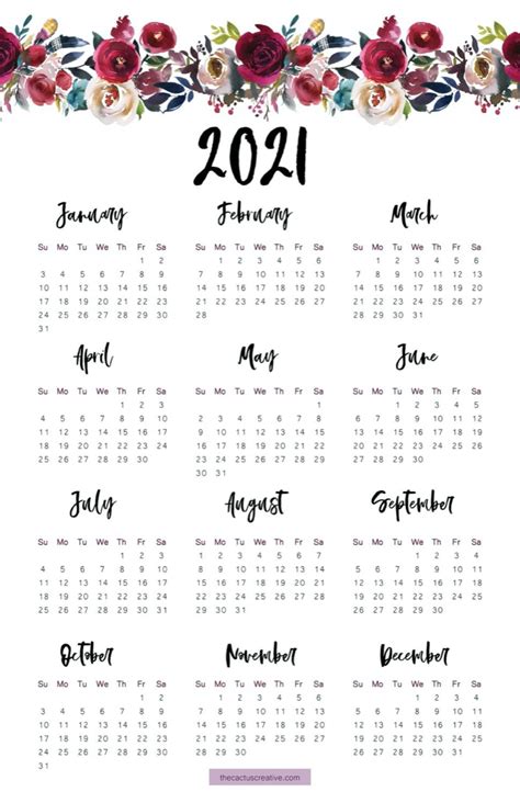 Download 2021 and 2022 pdf calendars of all sorts. 2021 Printable Calendar Floral, Watercolor Calendar ...