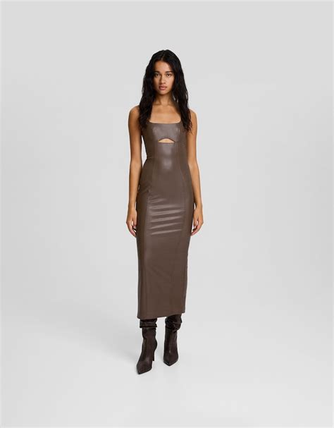 Fitted Leather Effect Strappy Midi Dress Bsk Teen Bershka