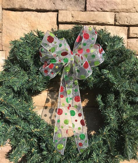 Medium Whimsical Sheer Red Green Silver Wired Bows-Whimsical Tree Bows-Sheer Dot Whimsical ...