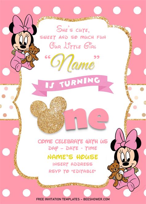Download Gold Glitter Minnie Mouse Birthday Invitation Templates