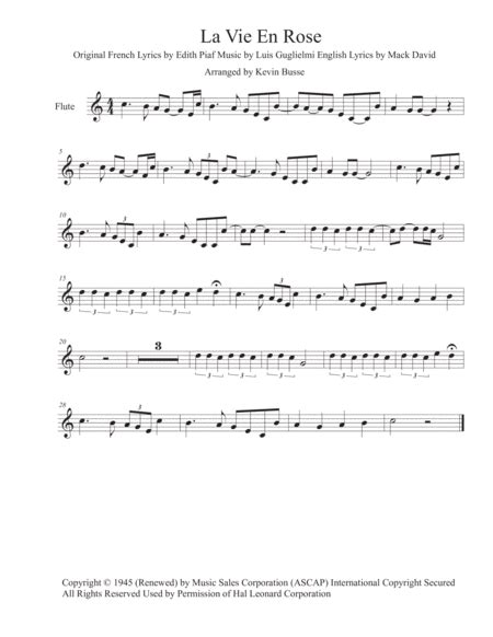 La Vie En Rose Easy Key Of C Flute Music Sheet Download