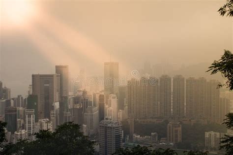 Highrise Buildings In The Fog On Hong Kong Island China Stock Image