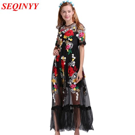 black sexy dress embroidery flowers mesh xxl summer early spring short sleeve translucent 2017