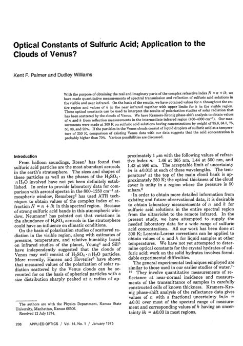 Pdf Optical Constants Of Sulfuric Acid Application To The Clouds Of