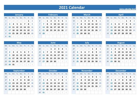 2021 Calendar With Week Numbers Calendarbest
