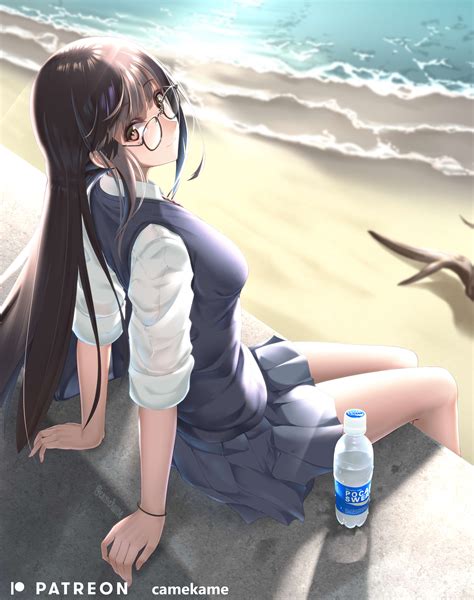 Artwork Anime Girls Beach Sea Skirt School Uniform Schoolgirl Glasses