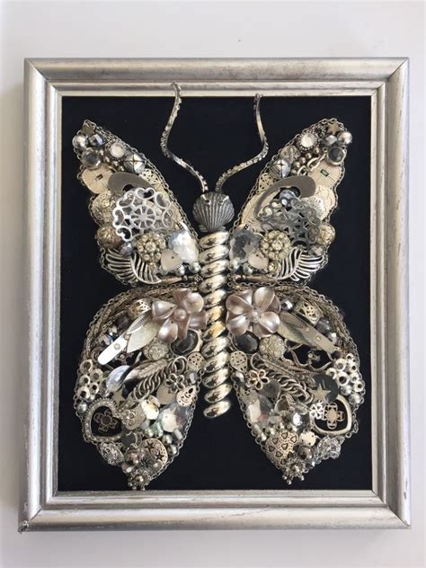 Framed Jewelry Art Butterfly11x9 Rhinestones Costume Silver Some
