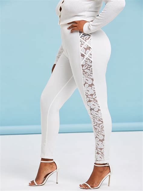 [37 off] 2021 plus size high waisted lace insert skinny leggings in white dresslily