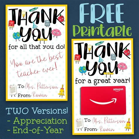 Free Teacher Appreciation Thank You Printable Two Versions Thank