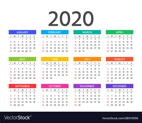 2020 Calendar Template Year Planner Royalty Free Vector