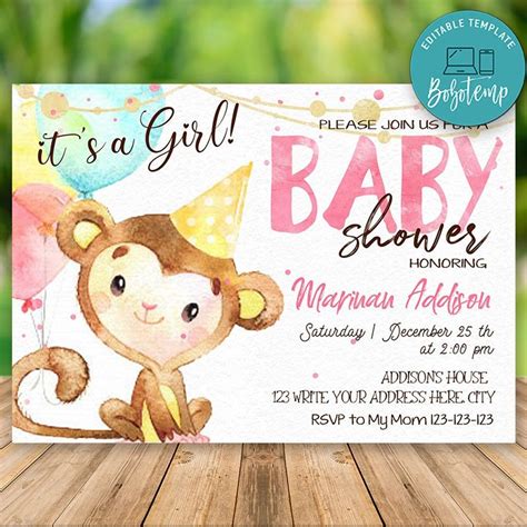 Editable Monkey Baby Shower Invitation For Girl Instant Download