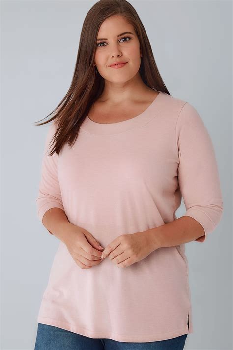 Light Pink Band Scoop Neckline T Shirt With Sleeves Plus Size To