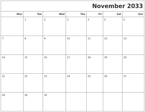 November 2033 Calendars To Print