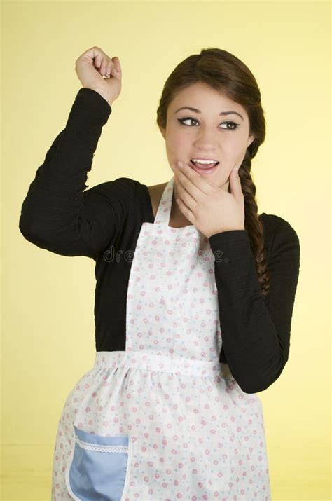 Happy Pretty Young Girl Wearing Cooking Apron Stock Photo Image Of