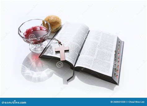 Church Communion Bread And Wine Candles Crosses And Bibles Royalty