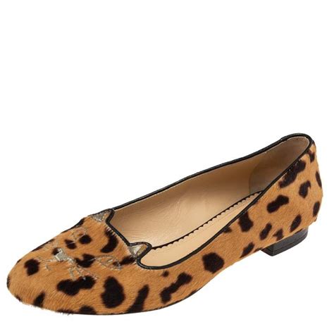 Charlotte Olympia Brown Leopard Print Cat Ballet Flats Size 375