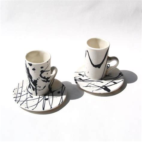 Modern Espresso Cups With Saucers Black And White Handmade Etsy Ev Için