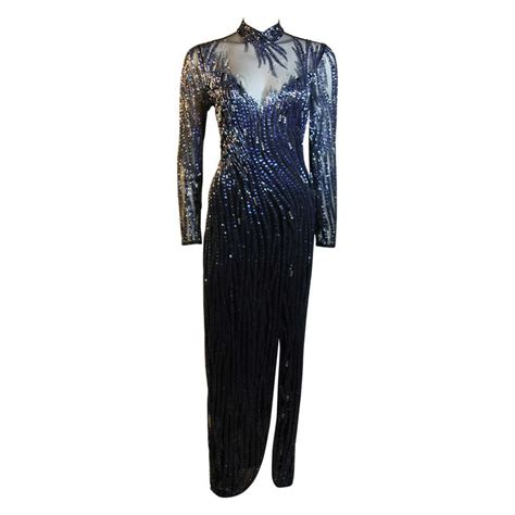 Bob Mackie 1980s Midnight Blue Beaded Gown With Peek A Boo Sheer Neckline 10 For Sale At 1stdibs