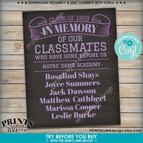 Reunion Memorial In Memory of the Classmates Who Have Gone Before Us