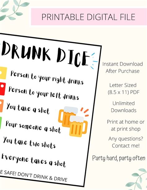 Drunk Dice Party Drinking Games Printable Games For Adults Etsy