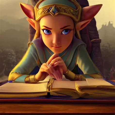 Princess Zelda Sitting At A Desk Close Up Shot Stable Diffusion