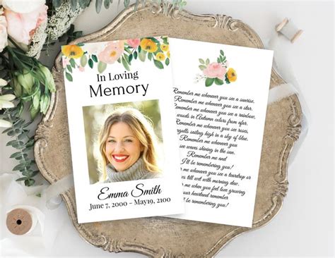 Memorial Prayer Card Celebration Of Life In Loving Memory Funeral