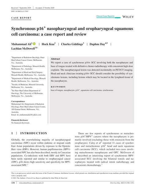 Pdf Synchronous P16 Nasopharyngeal And Oropharyngeal Squamous Cell