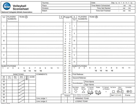 High School Volleyball Score Sheet Printable
