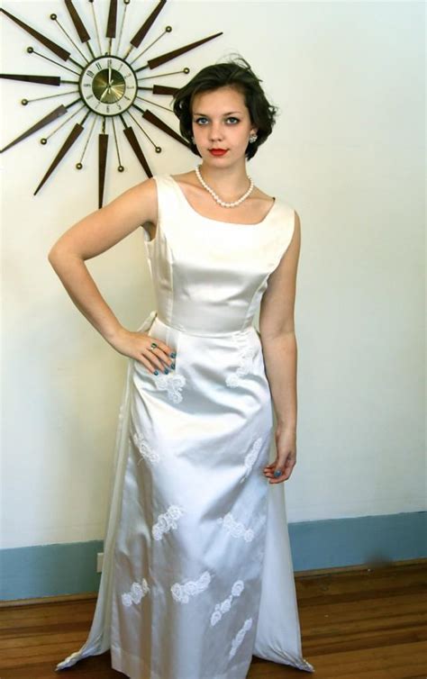 Vintage 1960s Ivory Satin Wedding Dress Long Column Sleeveless Silk Flowers Pearl Lace