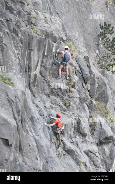 Two People Rock Climbing Abseiling Avon Gorge Cliffs Bristol Uk
