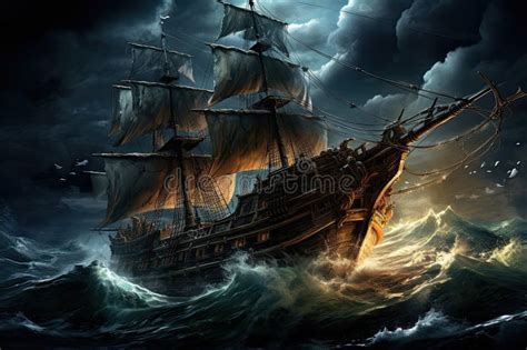 Pirate Ship In Stormy Sea 3d Illustration Stock Illustration