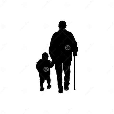 Old Grandfather Holding Hand Of Grandson Silhouette Isolated Vector
