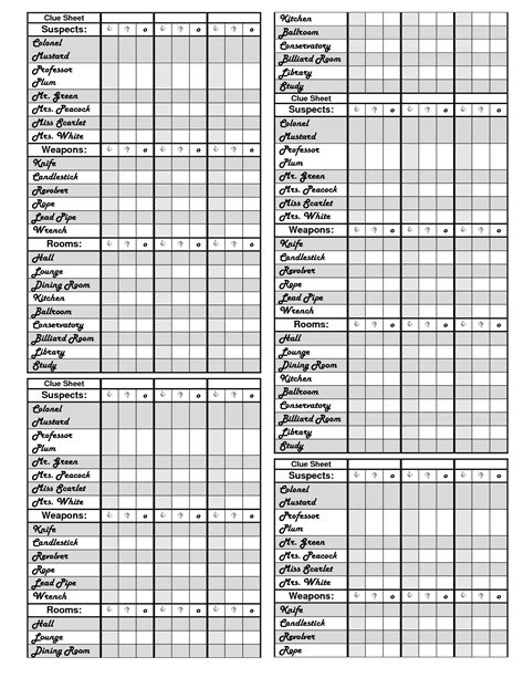 Printable Clue Board Game Score Sheets