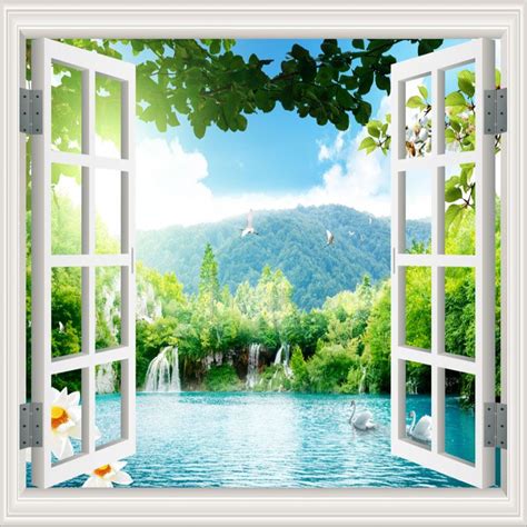 Beautiful Design Window Wallpaper Lake Landscape Living Room Tv