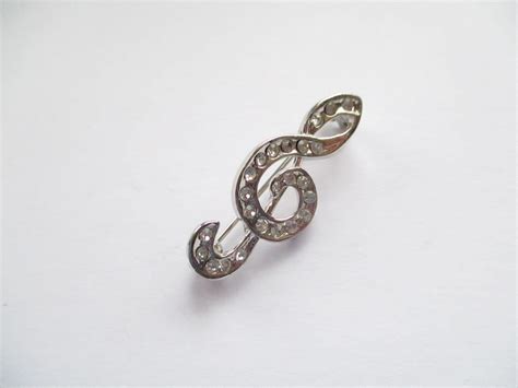 Silver Tone Treble Clef Brooch Pin With Sparkly White Etsy Silver