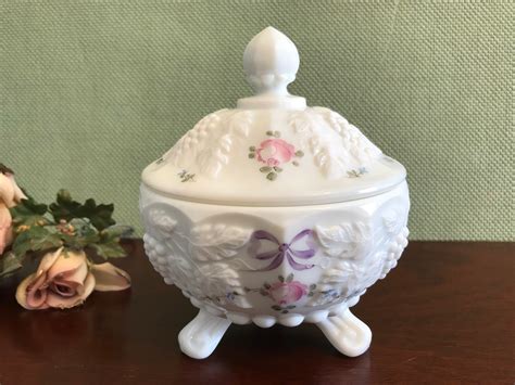 Vintage Milk Glass Candy Dish With Lid Hand Painted Westmoreland Milk Glass Covered Candy Dish