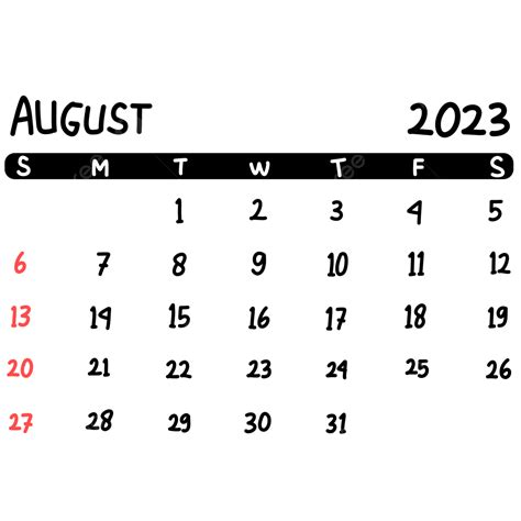 August 2023 Calendar White Transparent Original Calendar Of August