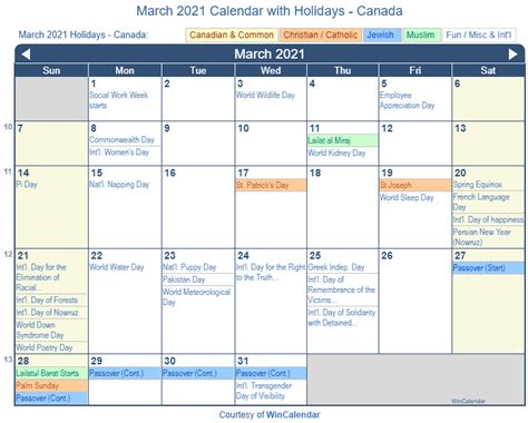 Print Friendly March 2021 Canada Calendar For Printing