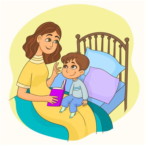 Mother Sitting In The Bed Reading A Book With Her Son On Her Knees Vector Art At Vecteezy