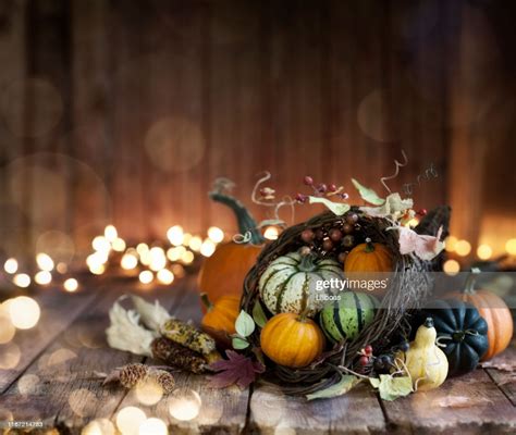 Autumn Thanksgiving Cornucopia On A Wood Background High