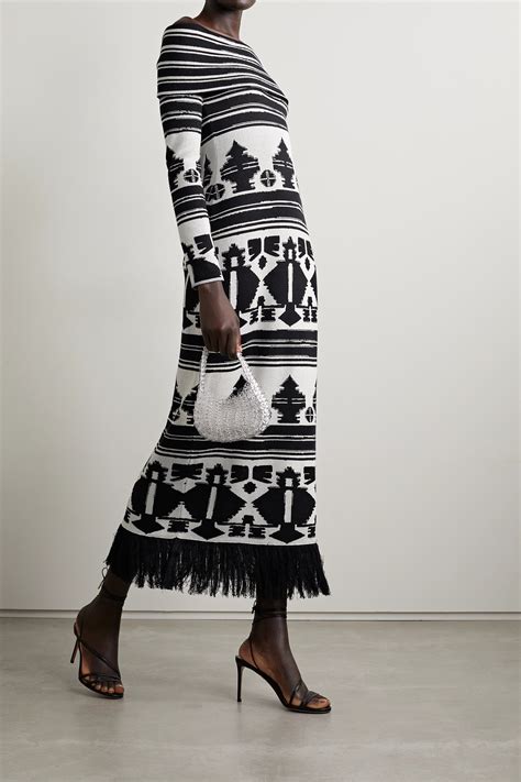 Black Net Sustain Wakan Tanka Fringed Jacquard Knit Stretch Pima Cotton Dress Johanna Ortiz