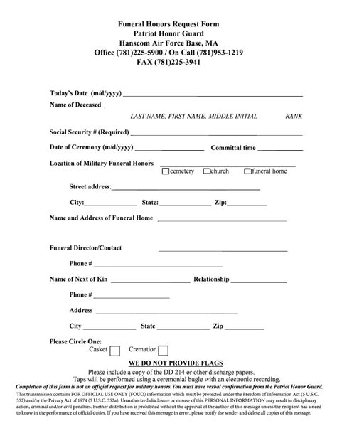 Fillable Online Funeral Honors Request Form Fax