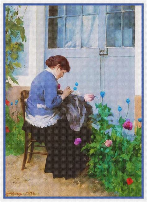 Woman Sewing In The Garden By Swedish Artist Carl Larsson Counted Cros