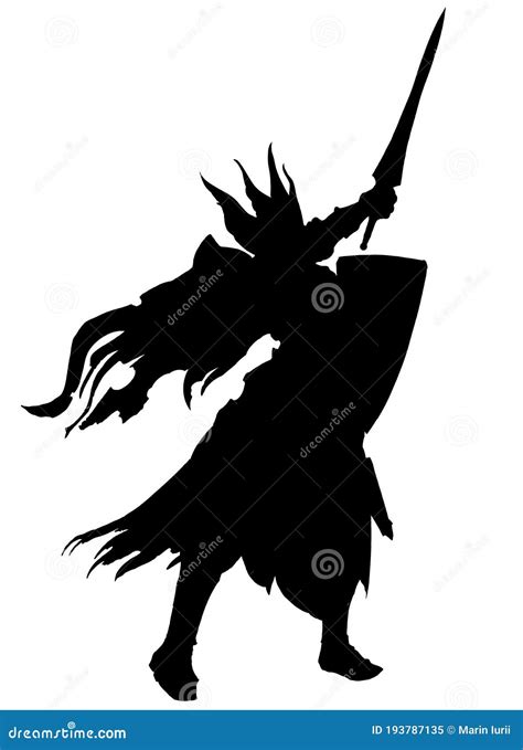 The Silhouette Of A Knight In A Helmet With Wings In A Ragged Cloak