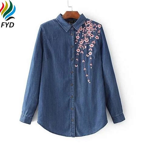 floral embroidery women denim shirt new 2017 spring long sleeve jeans shirts casual turn down