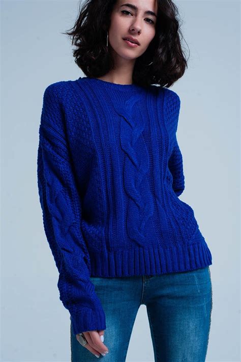 Blue Cable Knit Sweater With Round Neck Blue Cable Knit Sweater Blue