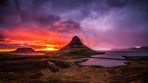 Kirkjufell Sunset Sky Landscape West Iceland Natural Landmarks